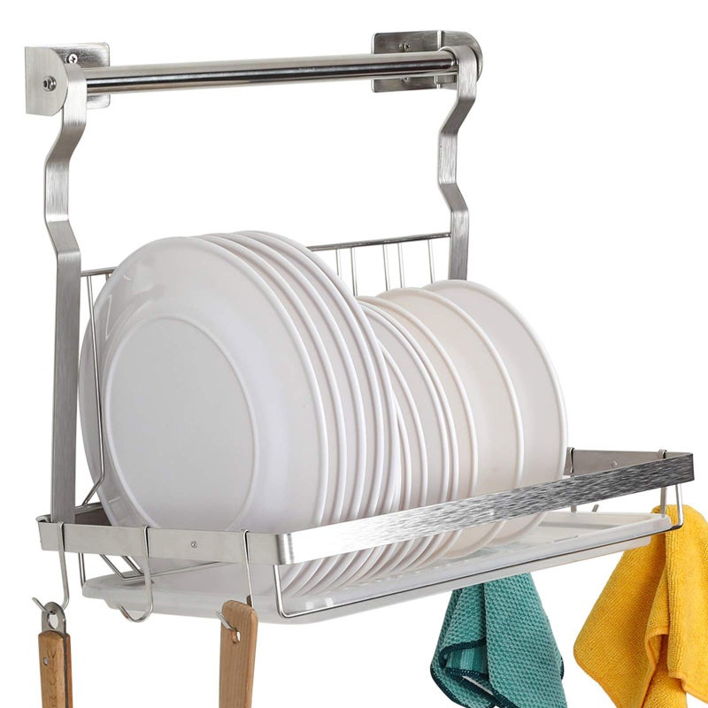 TQVAI Over Sink Dish Drainer Drying Rack, Stainless Steel Foldable Wall Mounted Dish Racks with Drainboard Hanging Rod and Sponge Holder, Silver - Image 1